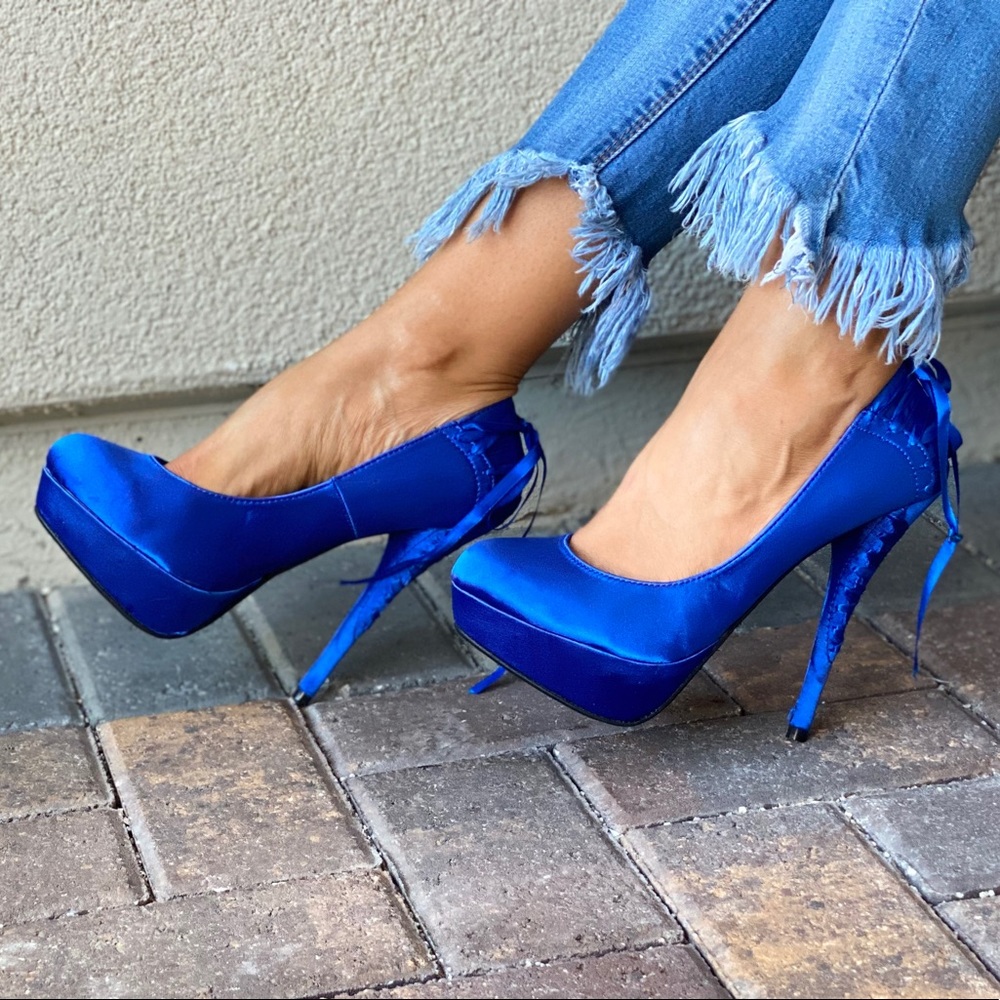 Cobalt Lace Corset Back High Heel Platform Heels